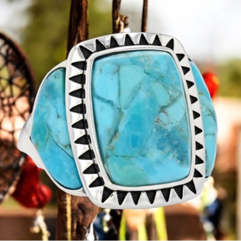 Southwest Blue Turquoise Oxidized Sterling Silver Ring Native American Size 10 - Picture 3 of 4